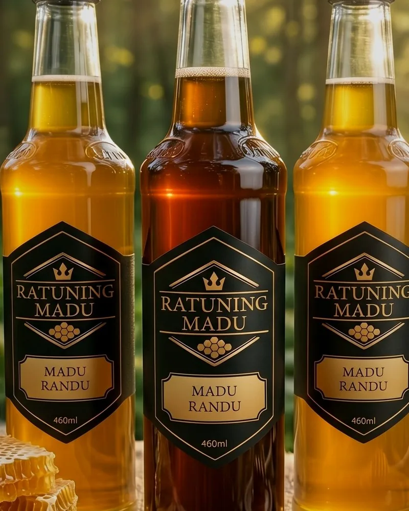 Tiga botol Madu Randu RATUNING MADU 460 ml, varian pekat di tengah